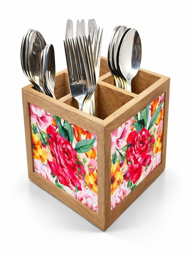 Nutcase Wooden Cutlery Stand Holder Silverware Caddy Spoons Forks Knives Organizer for Dining Table & Kitchen -Made in India-Spoons NOT Included - Roses - Image 1
